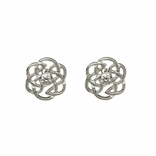 Irish White Gold Diamond Stud Earrings - Celtic Rose Diamond Jewelry